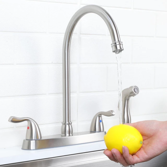 Alt view image 2 of 7 - Kitchen Faucet with Side Sprayer, 2 Handle 3 or 4 Hole Kitchen Sink Faucets 8 Inch RV Kitchen Faucet with Supply Lines, 360 Swivel Kitchen Faucet Brushed Nickel, HT-KF201