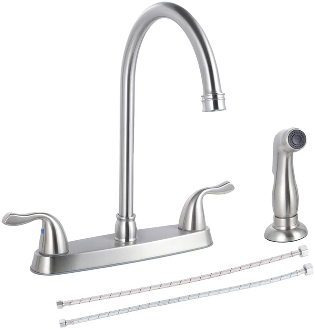 Main image of Kitchen Faucet with Side Sprayer, 2 Handle 3 or 4 Hole Kitchen Sink Faucets 8 Inch RV Kitchen Faucet with Supply Lines, 360 Swivel Kitchen Faucet Brushed Nickel, HT-KF201