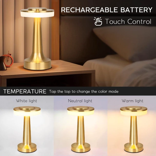 Alt view image 5 of 7 - Cordless Metal Desk Lamp, Touch Sensor Control LED Table Lamp,3 Color Stepless Dimmable Battery Powered Lamp for Living Room, Dorm, Home Office (Gold)