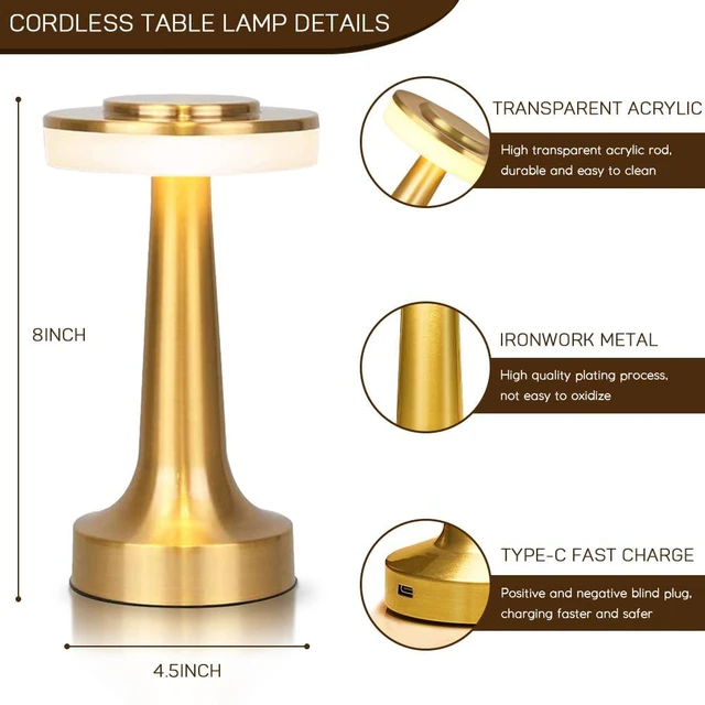 Alt view image 6 of 7 - Cordless Metal Desk Lamp, Touch Sensor Control LED Table Lamp,3 Color Stepless Dimmable Battery Powered Lamp for Living Room, Dorm, Home Office (Gold)