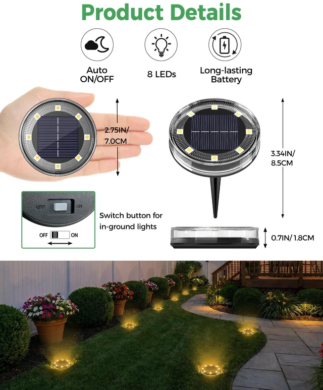 Alt view image 6 of 7 - 20 Pack Solar Ground Lights, Solar Lights Outdoor Waterproof IP68 8 LED Flat Solar Disc Light, Puck Lights Solar Powered for Garden Yard Driveway Walkway Landscape Lawn Path Patio, Warm White