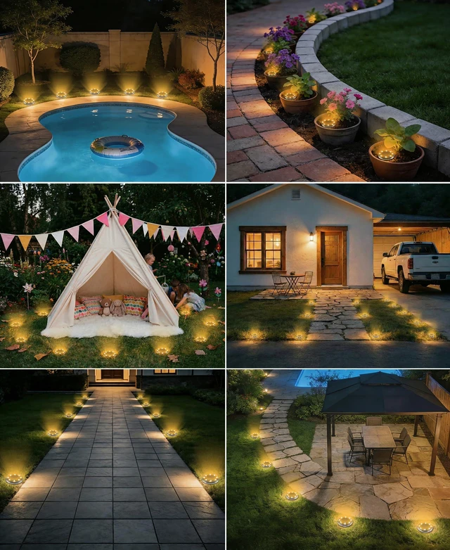 Alt view image 7 of 7 - 20 Pack Solar Ground Lights, Solar Lights Outdoor Waterproof IP68 8 LED Flat Solar Disc Light, Puck Lights Solar Powered for Garden Yard Driveway Walkway Landscape Lawn Path Patio, Warm White