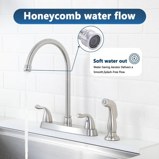 Alt view image 3 of 7 - Kitchen Faucet with Side Sprayer, 2 Handle 3 or 4 Hole Kitchen Sink Faucets 8 Inch RV Kitchen Faucet with Supply Lines, 360 Swivel Kitchen Faucet Brushed Nickel, HT-KF201
