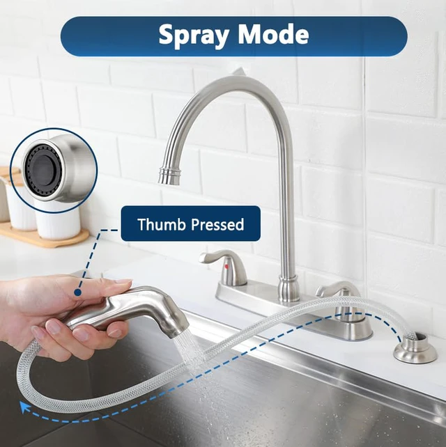 Alt view image 4 of 7 - Kitchen Faucet with Side Sprayer, 2 Handle 3 or 4 Hole Kitchen Sink Faucets 8 Inch RV Kitchen Faucet with Supply Lines, 360 Swivel Kitchen Faucet Brushed Nickel, HT-KF201