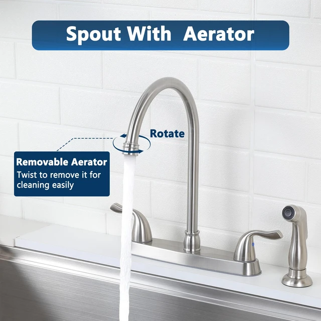 Alt view image 5 of 7 - Kitchen Faucet with Side Sprayer, 2 Handle 3 or 4 Hole Kitchen Sink Faucets 8 Inch RV Kitchen Faucet with Supply Lines, 360 Swivel Kitchen Faucet Brushed Nickel, HT-KF201