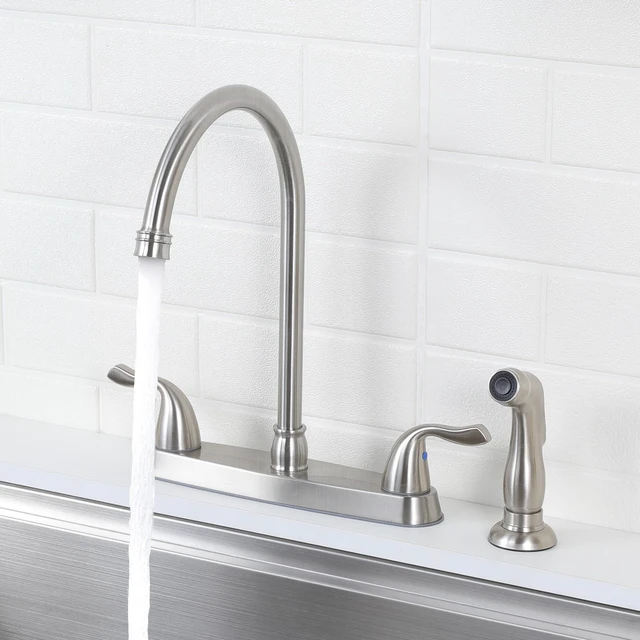 Alt view image 6 of 7 - Kitchen Faucet with Side Sprayer, 2 Handle 3 or 4 Hole Kitchen Sink Faucets 8 Inch RV Kitchen Faucet with Supply Lines, 360 Swivel Kitchen Faucet Brushed Nickel, HT-KF201