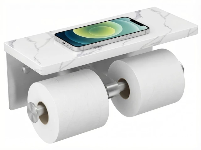 Main image of Double Marble Toilet Paper Holder with Phone Shelf, Commercial Brushed Nickel, Wall Mount 304 Stainless Steel Bathroom Tissue Roll Dispenser, Modern Heavy Duty Washroom Paper Storage