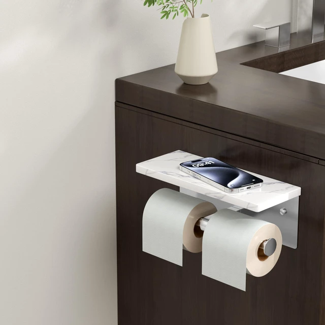 Alt view image 2 of 7 - Double Marble Toilet Paper Holder with Phone Shelf, Commercial Brushed Nickel, Wall Mount 304 Stainless Steel Bathroom Tissue Roll Dispenser, Modern Heavy Duty Washroom Paper Storage