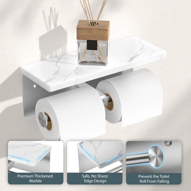Alt view image 3 of 7 - Double Marble Toilet Paper Holder with Phone Shelf, Commercial Brushed Nickel, Wall Mount 304 Stainless Steel Bathroom Tissue Roll Dispenser, Modern Heavy Duty Washroom Paper Storage