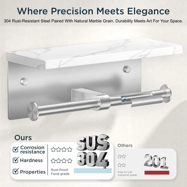 Alt view image 5 of 7 - Double Marble Toilet Paper Holder with Phone Shelf, Commercial Brushed Nickel, Wall Mount 304 Stainless Steel Bathroom Tissue Roll Dispenser, Modern Heavy Duty Washroom Paper Storage