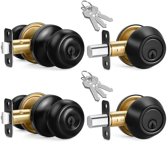 Main image of 2 Sets Entry Door Knob and Single Cylinder Deadbolt Combo Set, Keyed Alike Round Ball Matte Black Interior/Exterior Door Knobs with Lock and Keys for Entrance, Front Door and Indoor Door