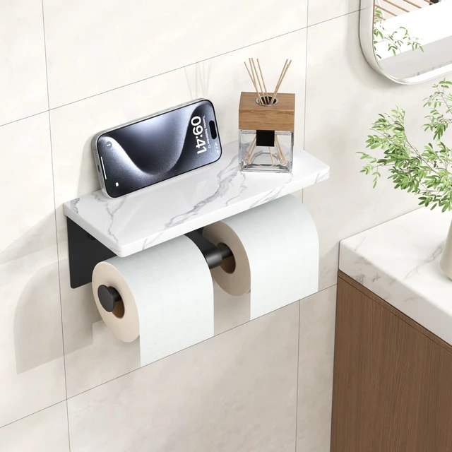 Alt view image 2 of 7 - Double Marble Toilet Paper Holder with Phone Shelf, Mattle Black Wall Mount 304 Stainless Steel Commercial Bathroom Tissue Roll Dispenser, Modern Heavy Duty Washroom Paper Storage