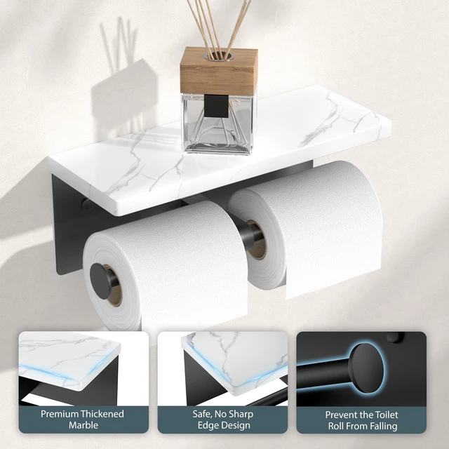 Alt view image 5 of 7 - Double Marble Toilet Paper Holder with Phone Shelf, Mattle Black Wall Mount 304 Stainless Steel Commercial Bathroom Tissue Roll Dispenser, Modern Heavy Duty Washroom Paper Storage