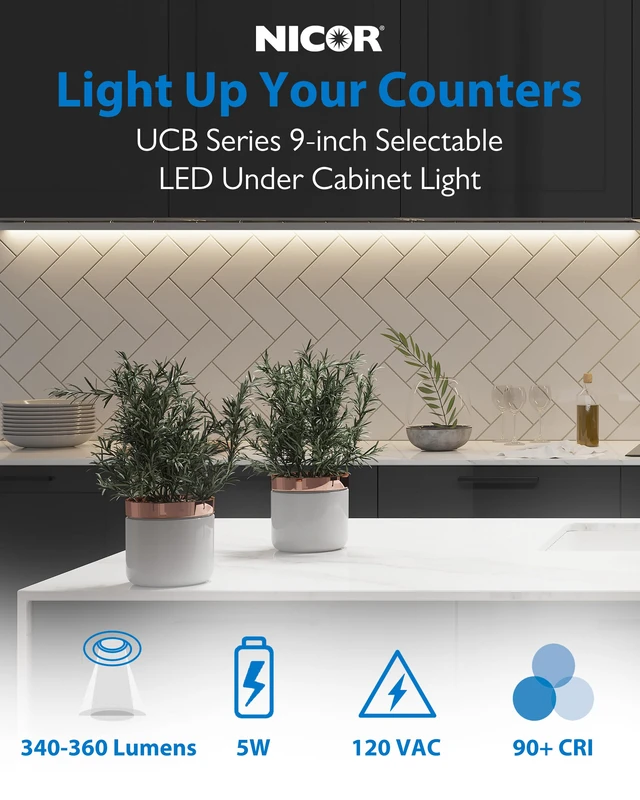 Alt view image 2 of 7 - 9 LED Direct Wire Under Cabinet Light with On/Off Switch - Dimmable LED Lights for Kitchen - Selectable CCT 2700K-5000K, 340-360 Lumens, 5W - UCB Hardwired Under Cabinet Lighting by Lighting