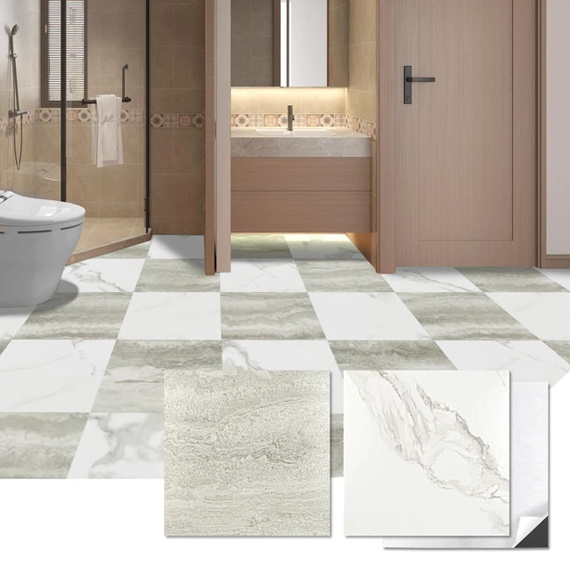 Alt view image 2 of 7 - 30-Pack Peel and Stick Vinyl Floor Tiles, White & Beige Marble 15 Tiles per Color, 12" x 12" Single Tile, Anti-Slip, Waterproof, Ideal for Kitchen, Bathroom, Living Room, Bedroom
