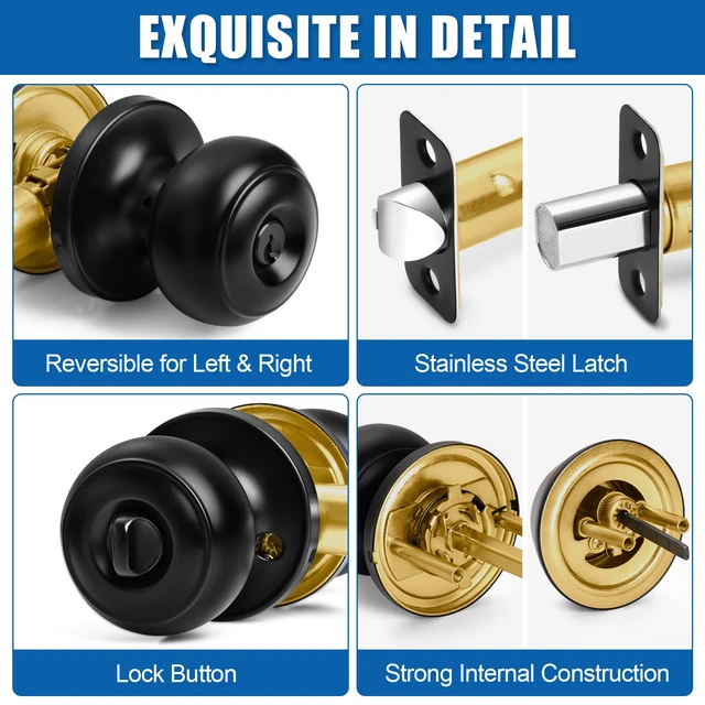 Alt view image 7 of 7 - 2 Sets Entry Door Knob and Single Cylinder Deadbolt Combo Set, Keyed Alike Round Ball Matte Black Interior/Exterior Door Knobs with Lock and Keys for Entrance, Front Door and Indoor Door