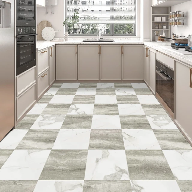 Alt view image 3 of 7 - 30-Pack Peel and Stick Vinyl Floor Tiles, White & Beige Marble 15 Tiles per Color, 12" x 12" Single Tile, Anti-Slip, Waterproof, Ideal for Kitchen, Bathroom, Living Room, Bedroom