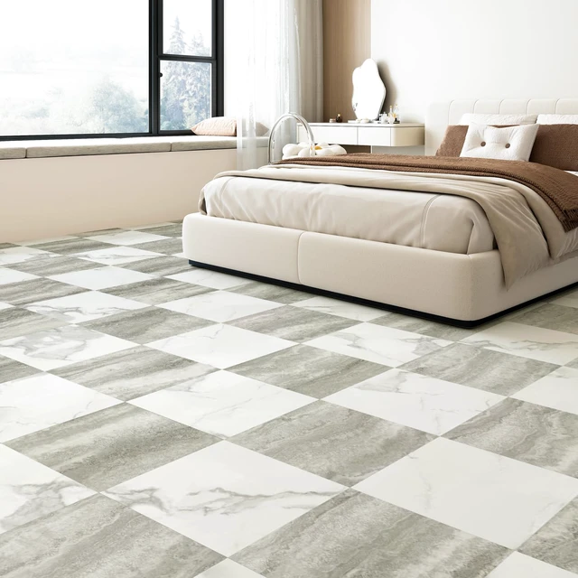 Alt view image 4 of 7 - 30-Pack Peel and Stick Vinyl Floor Tiles, White & Beige Marble 15 Tiles per Color, 12" x 12" Single Tile, Anti-Slip, Waterproof, Ideal for Kitchen, Bathroom, Living Room, Bedroom