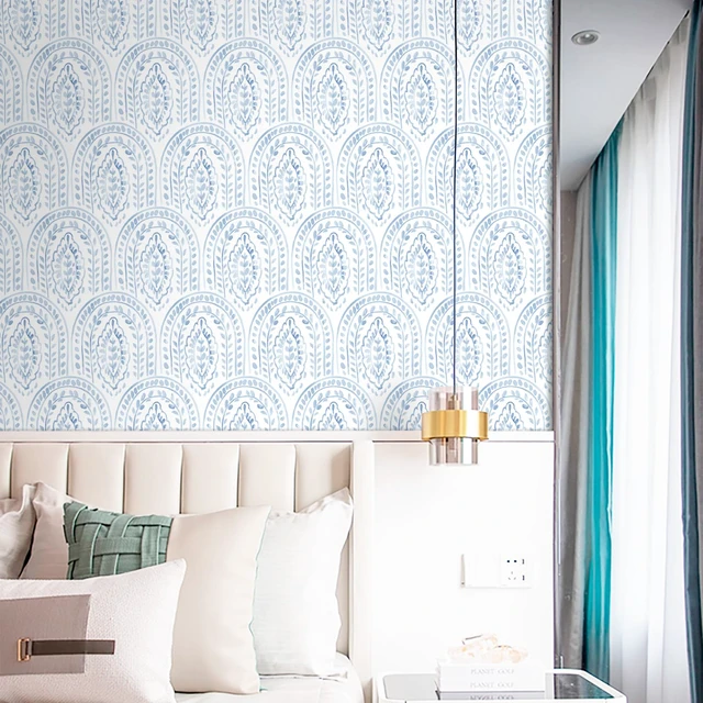 Alt view image 5 of 7 - Blue Peel and Stick Wallpaper Boho Wall Paper Peel and Stick Modern Contact Paper Self Adhesive Wallpaper for Bedroom and Bathroom Wallpaper Removable Cabinet Shelf Liner Vinyl 17.3X197