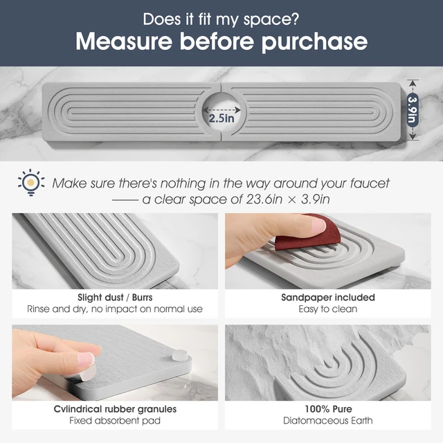 Alt view image 6 of 7 - Quick Drying Stone Faucet Mat for Kitchen Sink - Diatomite Sink Mat Absorbing Stone Tray for Bathroom Counter, Sink Faucet Splash Guard Water Protector Matt for Kitchen Counter(Light Gray, 20" x 3.9")