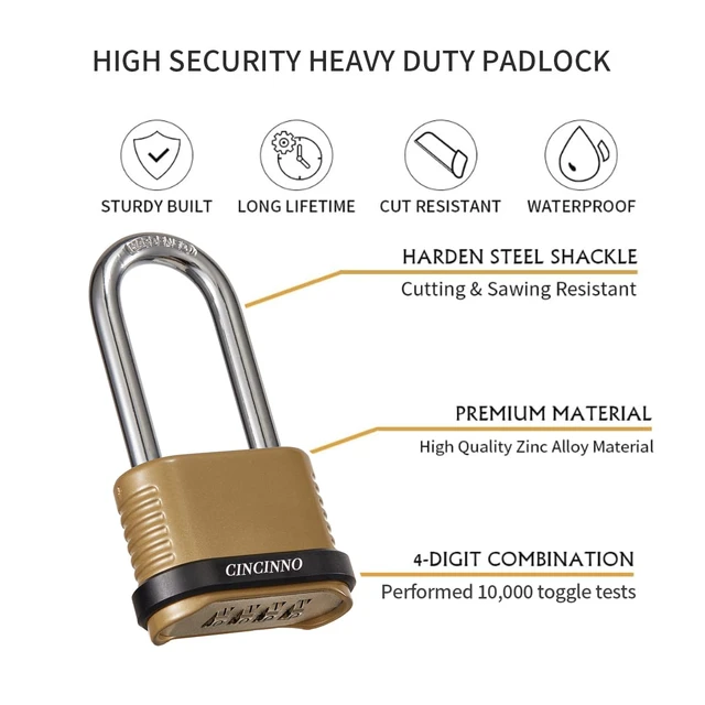 Alt view image 3 of 5 - Heavy Duty Combination Lock, 4-Digit Combo Lock with Long Shackle,Weatherproof Combination Padlock for Outdoor Use,4 Pack