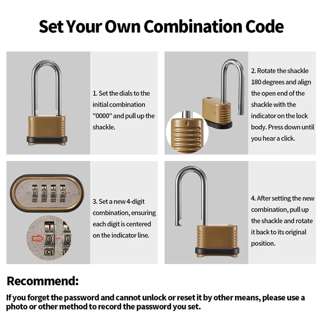 Alt view image 5 of 5 - Heavy Duty Combination Lock, 4-Digit Combo Lock with Long Shackle,Weatherproof Combination Padlock for Outdoor Use,4 Pack