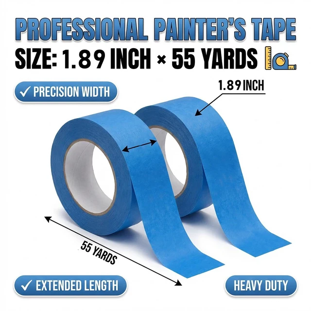 Alt view image 3 of 7 - Painters Tape 2 Inch Wide 1.89 in. x 55 Yds, 6 Rolls - Blue Masking Tape for Wall Painting, DIY, Multi-Surface Use, Easy Removal, No Residue, Strong Adhesion