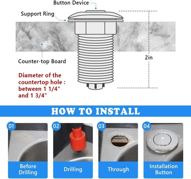Alt view image 5 of 6 - Garbage Disposal Switch, Cordless Air On Off Kit for Food Waste Disposer, Brushed Gold, SHORT 2.5" Sink Top Push Button by