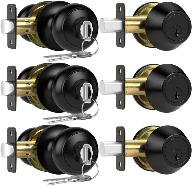 Main image of 3 Pack Exterior Door Lock Set, Keyed Alike Entry Door Knob and Single Cylinder Deadbolt Lock Combo Set, Matte Black Door Knobs with Lock and Keys, Locksets for Front,Entrance,Back,Garage Door