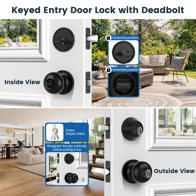 Alt view image 2 of 7 - 2 Pack Exterior Door Lock Set, Keyed Alike Entry Door Knob and Single Cylinder Deadbolt Lock Combo Set, Matte Black Door Knobs with Lock and Keys, Locksets for Front,Entrance,Back,Garage Door