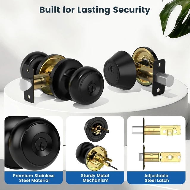 Alt view image 4 of 7 - 2 Pack Exterior Door Lock Set, Keyed Alike Entry Door Knob and Single Cylinder Deadbolt Lock Combo Set, Matte Black Door Knobs with Lock and Keys, Locksets for Front,Entrance,Back,Garage Door
