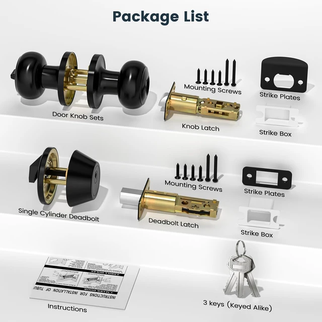Alt view image 7 of 7 - 2 Pack Exterior Door Lock Set, Keyed Alike Entry Door Knob and Single Cylinder Deadbolt Lock Combo Set, Matte Black Door Knobs with Lock and Keys, Locksets for Front,Entrance,Back,Garage Door