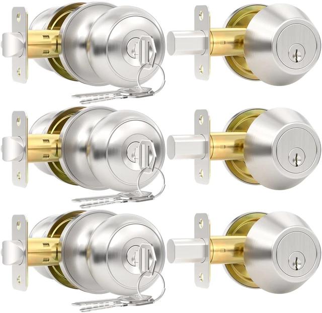 Main image of 3 Pack Front Door Lock Set, Keyed Alike Exterior Door Lock Set with Deadbolt, Single Cylinder Deadbolt Lock and Entry Door Knob Set,Round Ball Brushed Nickel Door Knobs with Lock and Keys