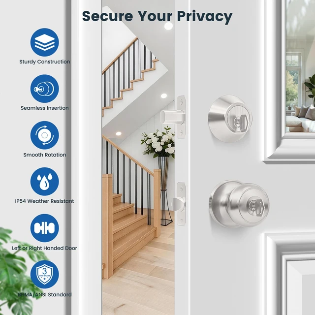 Alt view image 3 of 7 - 2 Pack Front Door Lock Set, Keyed Alike Exterior Door Lock Set with Deadbolt, Single Cylinder Deadbolt Lock and Entry Door Knob Set,Round Ball Brushed Nickel Door Knobs with Lock and Keys