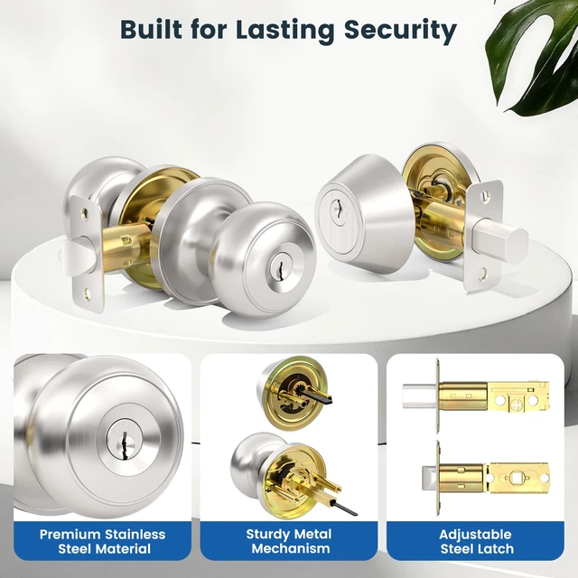 Alt view image 4 of 7 - 2 Pack Front Door Lock Set, Keyed Alike Exterior Door Lock Set with Deadbolt, Single Cylinder Deadbolt Lock and Entry Door Knob Set,Round Ball Brushed Nickel Door Knobs with Lock and Keys