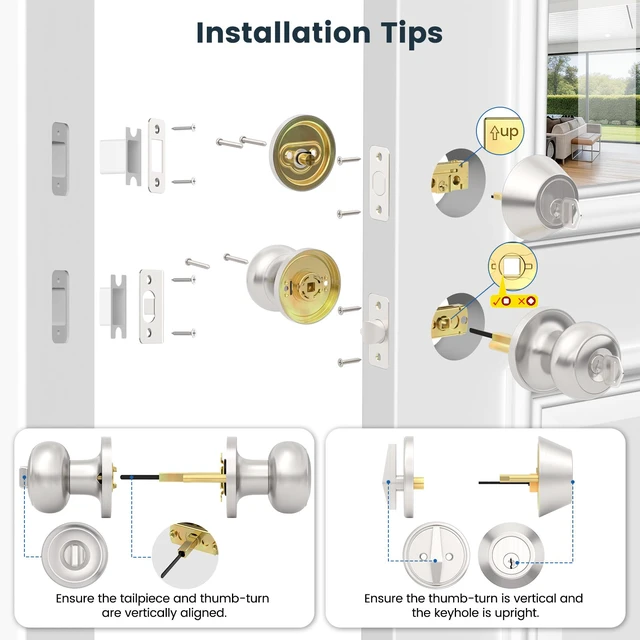 Alt view image 5 of 7 - 2 Pack Front Door Lock Set, Keyed Alike Exterior Door Lock Set with Deadbolt, Single Cylinder Deadbolt Lock and Entry Door Knob Set,Round Ball Brushed Nickel Door Knobs with Lock and Keys
