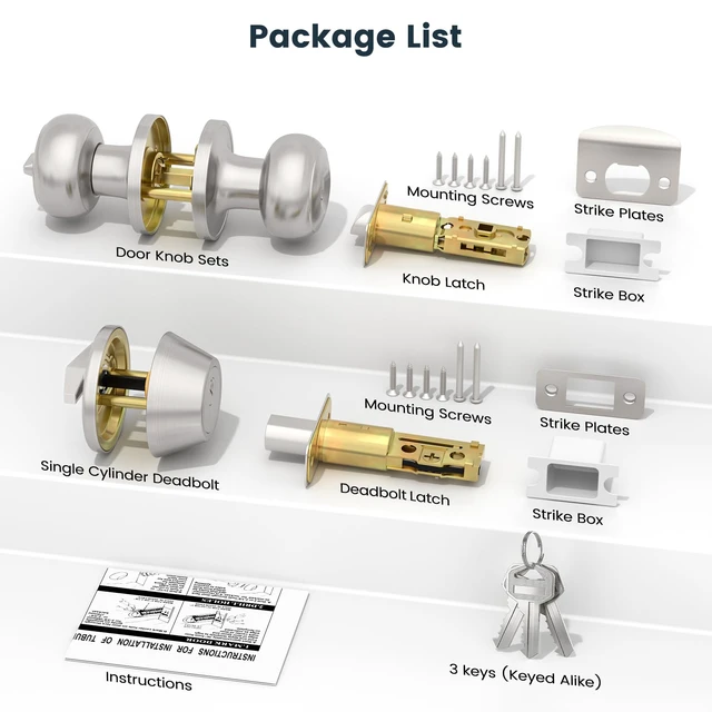 Alt view image 7 of 7 - 2 Pack Front Door Lock Set, Keyed Alike Exterior Door Lock Set with Deadbolt, Single Cylinder Deadbolt Lock and Entry Door Knob Set,Round Ball Brushed Nickel Door Knobs with Lock and Keys