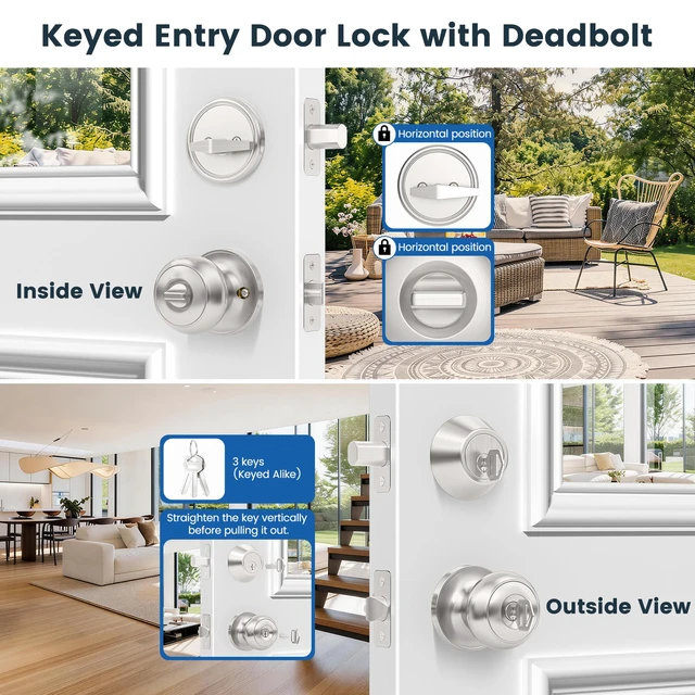 Alt view image 2 of 7 - 2 Pack Front Door Lock Set, Keyed Alike Exterior Door Lock Set with Deadbolt, Single Cylinder Deadbolt Lock and Entry Door Knob Set,Round Ball Brushed Nickel Door Knobs with Lock and Keys