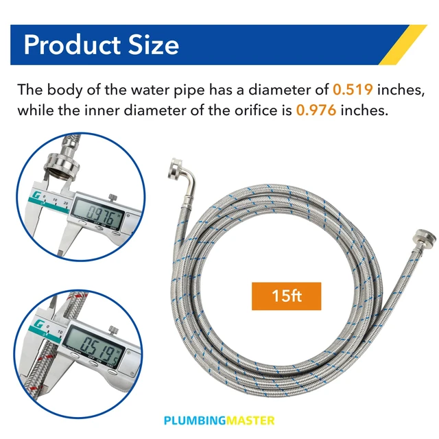 Alt view image 2 of 6 - 15FT Stainless Steel Washing Machine Hoses with 90 Degree Elbows,Red and Blue Washer Hoses,Burst Proof Hot & Cold Water Connection Inlet Washer Supply Lines 2pcs