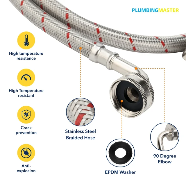 Alt view image 3 of 6 - 15FT Stainless Steel Washing Machine Hoses with 90 Degree Elbows,Red and Blue Washer Hoses,Burst Proof Hot & Cold Water Connection Inlet Washer Supply Lines 2pcs