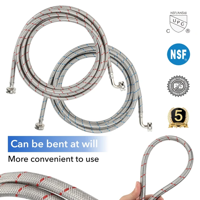 Alt view image 5 of 6 - 15FT Stainless Steel Washing Machine Hoses with 90 Degree Elbows,Red and Blue Washer Hoses,Burst Proof Hot & Cold Water Connection Inlet Washer Supply Lines 2pcs