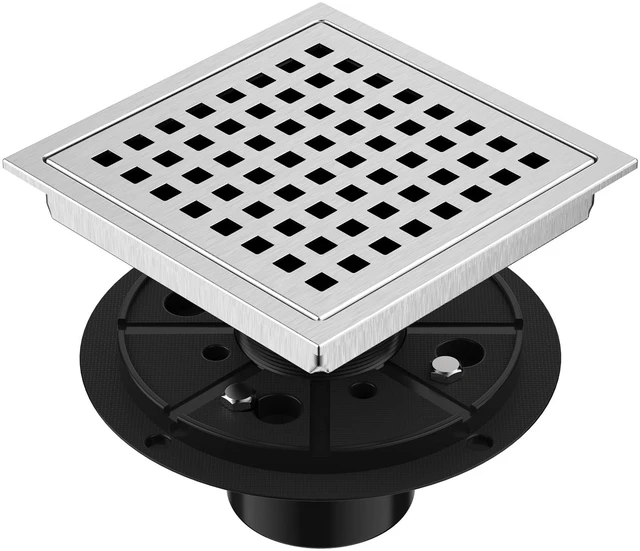 Main image of Square Shower Floor Drain 6-Inch Brushed Nickel with ABS Flange Stainless Steel, Anti-Clog, Removable Grid Grate Hair Catcher, for Modern Bathroom Remodel Curbless Shower