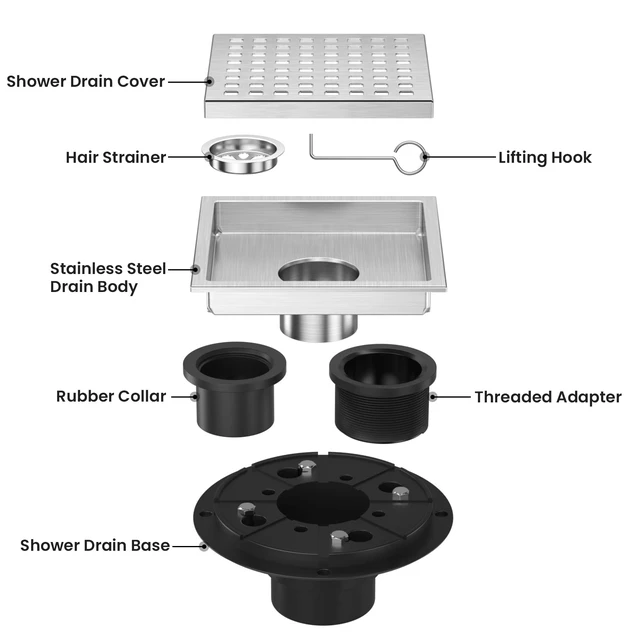 Alt view image 2 of 7 - Square Shower Floor Drain 6-Inch Brushed Nickel with ABS Flange Stainless Steel, Anti-Clog, Removable Grid Grate Hair Catcher, for Modern Bathroom Remodel Curbless Shower