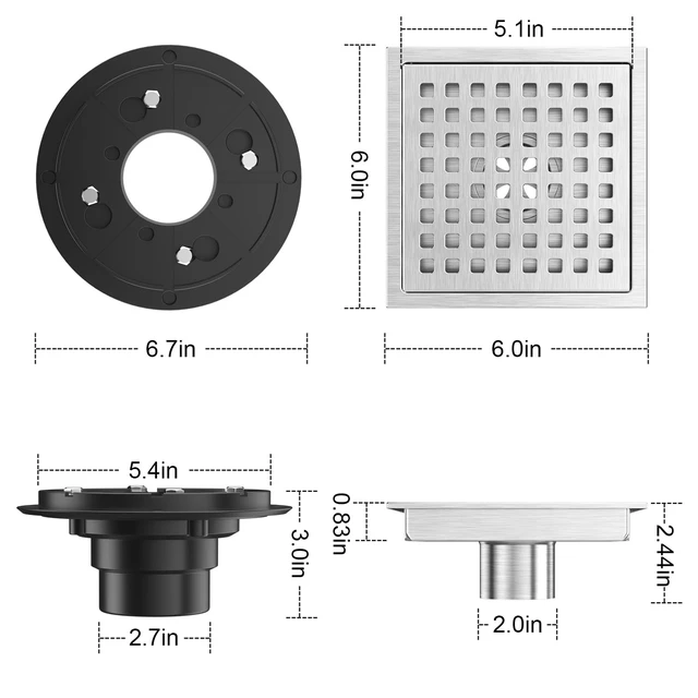 Alt view image 4 of 7 - Square Shower Floor Drain 6-Inch Brushed Nickel with ABS Flange Stainless Steel, Anti-Clog, Removable Grid Grate Hair Catcher, for Modern Bathroom Remodel Curbless Shower