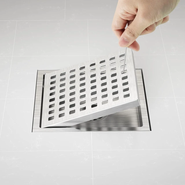 Alt view image 7 of 7 - Square Shower Floor Drain 6-Inch Brushed Nickel with ABS Flange Stainless Steel, Anti-Clog, Removable Grid Grate Hair Catcher, for Modern Bathroom Remodel Curbless Shower