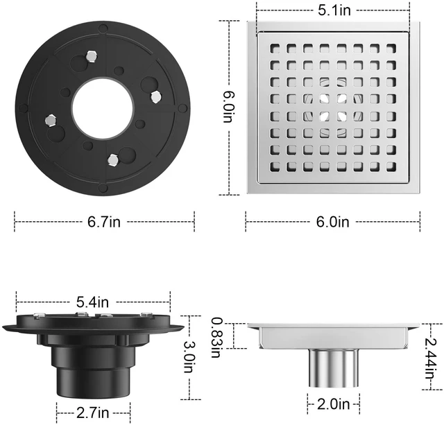 Alt view image 2 of 7 - 6-Inch Square Shower Floor Drain Chrome with ABS Flange Stainless Steel, Anti-Clog, Removable Grid Grate Hair Catcher, for Modern Bathroom Remodel Curbless Shower
