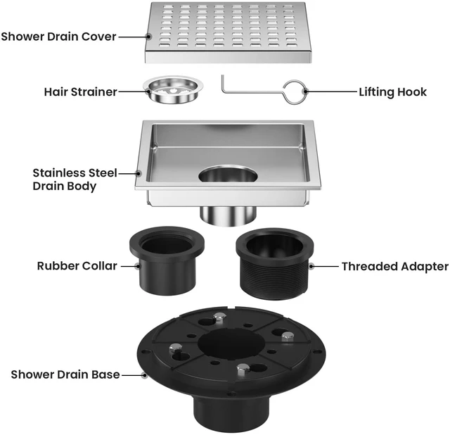 Alt view image 3 of 7 - 6-Inch Square Shower Floor Drain Chrome with ABS Flange Stainless Steel, Anti-Clog, Removable Grid Grate Hair Catcher, for Modern Bathroom Remodel Curbless Shower