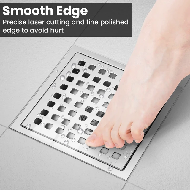 Alt view image 4 of 7 - 6-Inch Square Shower Floor Drain Chrome with ABS Flange Stainless Steel, Anti-Clog, Removable Grid Grate Hair Catcher, for Modern Bathroom Remodel Curbless Shower