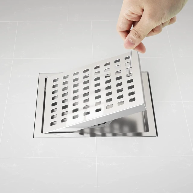 Alt view image 6 of 7 - 6-Inch Square Shower Floor Drain Chrome with ABS Flange Stainless Steel, Anti-Clog, Removable Grid Grate Hair Catcher, for Modern Bathroom Remodel Curbless Shower