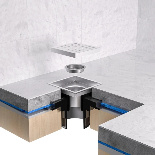 Alt view image 5 of 6 - Square Shower Drain 4-3/8 Inch Brushed Nickel with ABS Flange Stainless Steel, Anti-Clog, Removable Grid Grate and Hair Catcher, for Modern Bathroom Remodel Curbless Shower